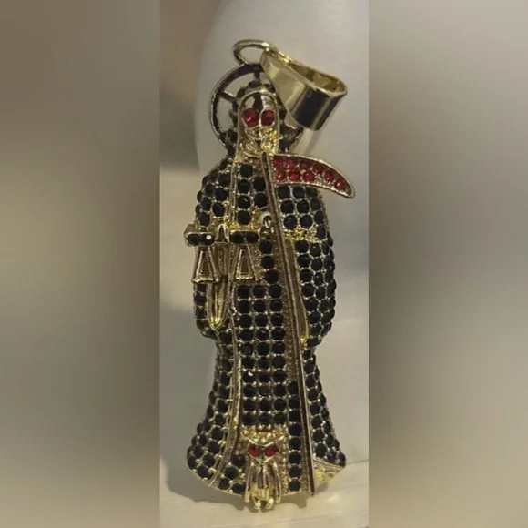 Gold Plated Grim Reaper Santa Muerte Large Pendant Black Red Crystal Gothic - Picture 3 of 10